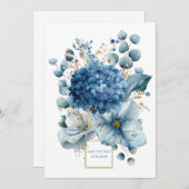Invitation Elegant Dusty Blue Hydrangea Peony Gold Glitter (Devant / Derrière)