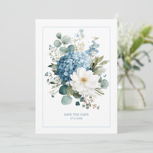 Invitation Elegant Dusty Blue Hydrangea White Anemone (Debout devant)