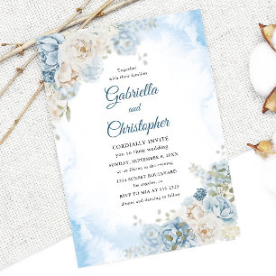Invitation Elégant Dusty Blue Ivory Rose Flowers Mariage
