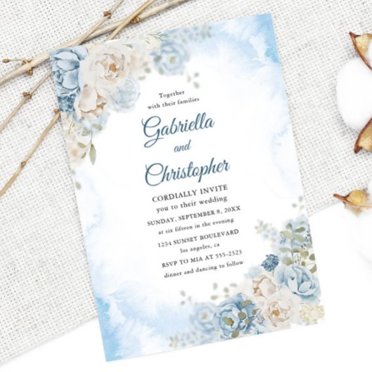 Invitation Elégant Dusty Blue Ivory Rose Flowers Mariage