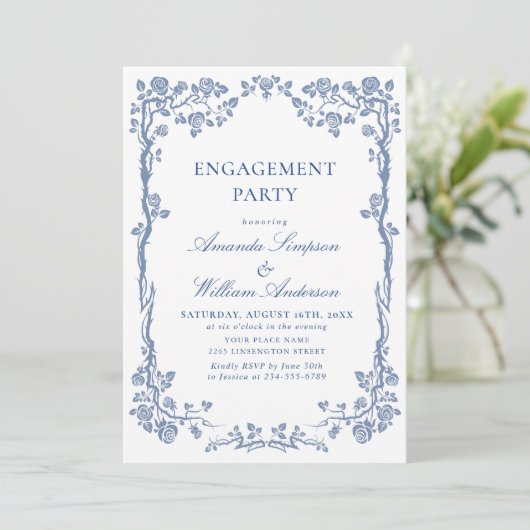 Invitation Elégant Dusty Blue Jardin Français ENGAGEMENT PART (Debout devant)