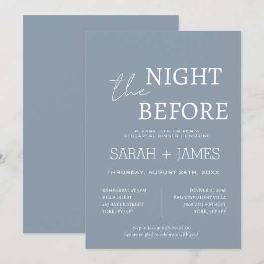Invitation Elégant Dusty Blue la nuit avant le dîner Mariage (Devant / Derrière)
