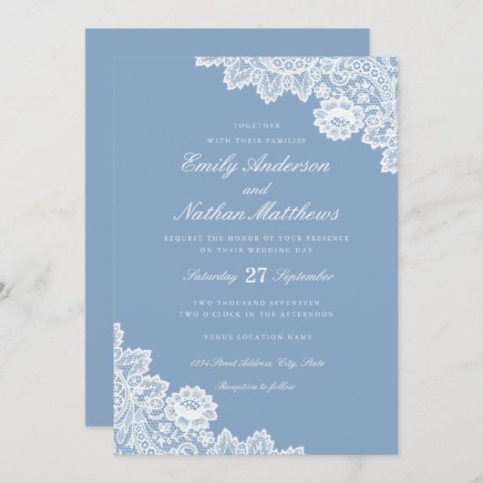 Invitation Elégant Dusty Blue Lace blanche (Devant / Derrière)