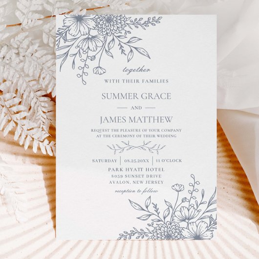 Invitation Elégant Dusty Blue Line Art Floral Mariage