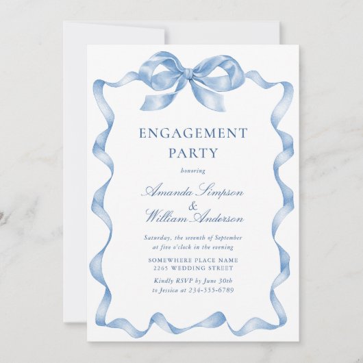 Invitation Élégant Dusty Blue Main Draw Engagement Party (Devant)