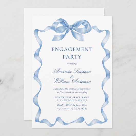 Invitation Élégant Dusty Blue Main Draw Engagement Party (Devant / Derrière)