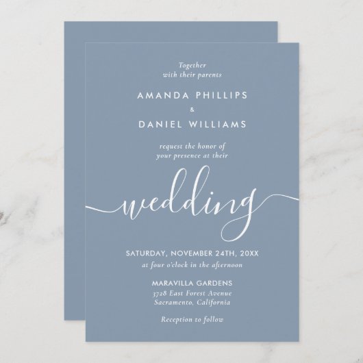Invitation Elégant Dusty Blue Mariage de script moderne (Devant / Derrière)
