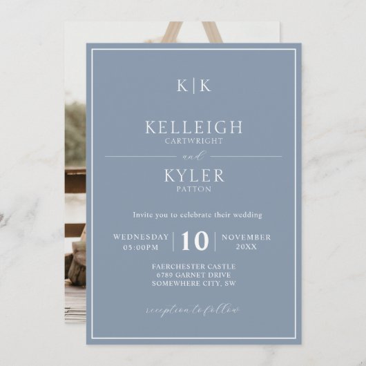 Invitation Elégant Dusty Blue Monogram Mariage photo (Devant / Derrière)