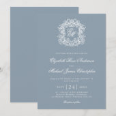 Invitation Elegant Dusty Blue Monogram Wedding Crest (Devant / Derrière)