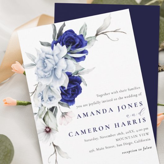 Invitation Elegant Dusty Blue Navy Floral Wedding