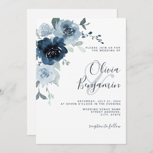 Invitation Elégant Dusty Blue Navy Pastel Boho Floral Mariage (Devant / Derrière)