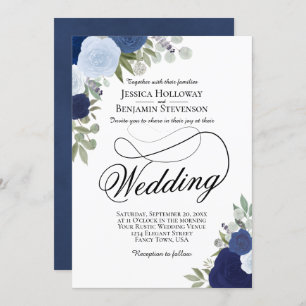 Invitation Elégant Dusty Blue & Navy Rustic Floral Mariage