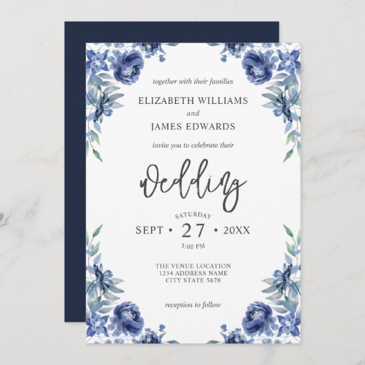 Invitation Elégant Dusty Blue Navy Rustic Floral Mariage (Devant / Derrière)