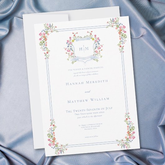 Invitation Elégant Dusty Blue Pastel Fleur sauvage Mariage Cr