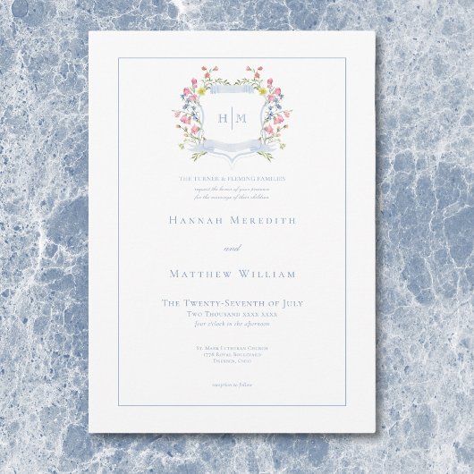 Invitation Elégant Dusty Blue Pastel Fleur sauvage Mariage Cr