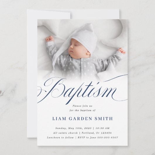 Invitation Élégant Dusty Blue Pastel Script Baptême Photo Dan (Devant)