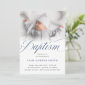 Invitation Élégant Dusty Blue Pastel Script Baptême Photo Dan (Debout devant)