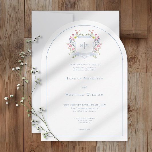 Invitation Elegant Dusty Blue Pastel Wildflower Crest Wedding