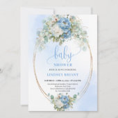 Invitation Elegant Dusty Blue Peonies Baby Shower Gold Invite (Devant)