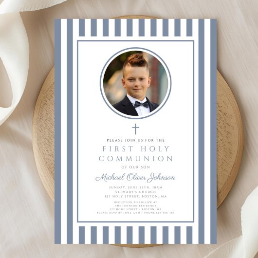 Invitation Elegant Dusty Blue Photo Boy First Communion
