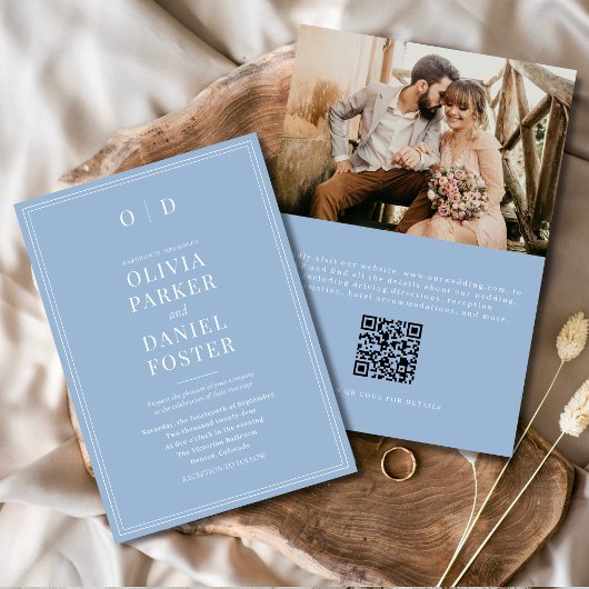 Invitation Elégant Dusty Blue Photo QR Code Mariage