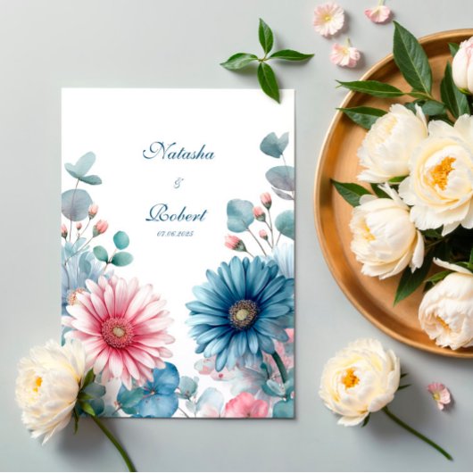 Invitation Elegant Dusty Blue Pink Gerbera Daisy Eucalyptus