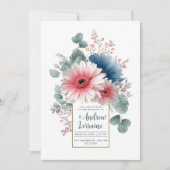 Invitation Elegant Dusty Blue Pink Gerbera Daisy Gold Frame (Devant)