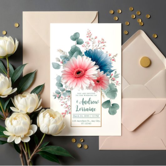 Invitation Elegant Dusty Blue Pink Gerbera Daisy Gold Frame