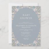 Invitation Elegant Dusty Blue QR Code Wildflower Baby Shower (Devant)