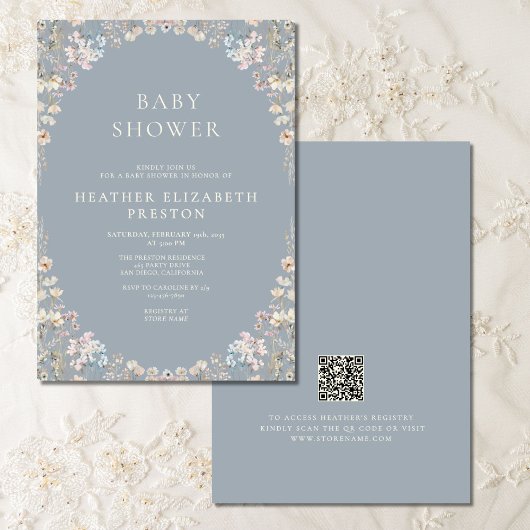 Invitation Elegant Dusty Blue QR Code Wildflower Baby Shower