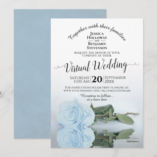 Invitation Elégant Dusty Blue Romantic Rose virtuel Mariage (Devant / Derrière)
