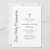 Invitation Elegant Dusty Blue Script Boy First Communion (Devant)