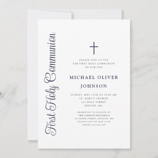 Invitation Elegant Dusty Blue Script Boy First Communion (Devant)