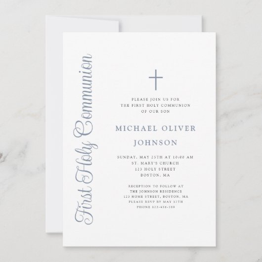 Invitation Elegant Dusty Blue Script Boy First Communion (Devant)