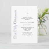 Invitation Elegant Dusty Blue Script Boy First Communion (Debout devant)