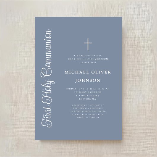 Invitation Elegant Dusty Blue Script Boy First Communion