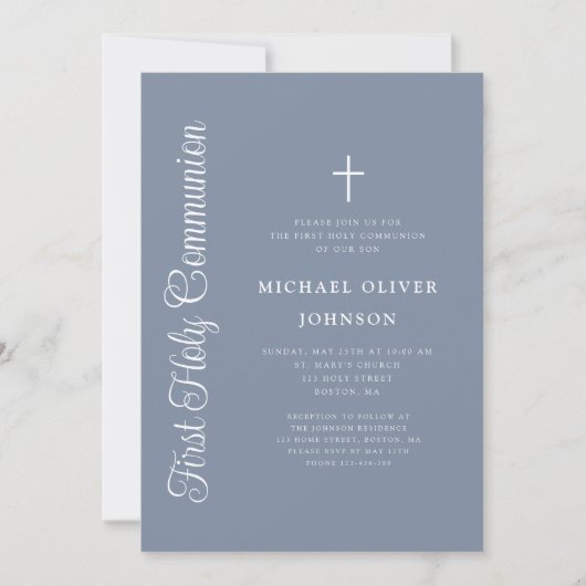 Invitation Elegant Dusty Blue Script Boy First Communion (Devant)