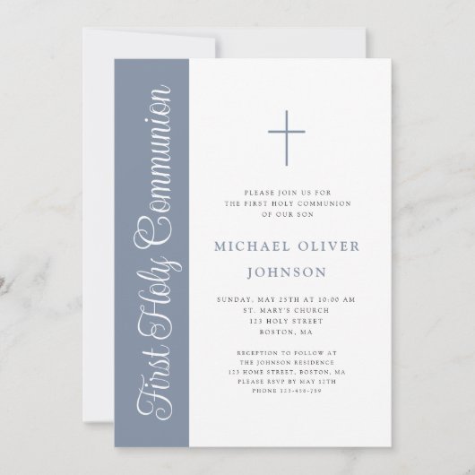 Invitation Elegant Dusty Blue Script Boy First Communion Invi (Devant)