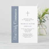 Invitation Elegant Dusty Blue Script Boy First Communion Invi (Debout devant)