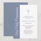 Invitation Elegant Dusty Blue Script Boy First Communion Invi (Devant / Derrière)