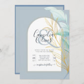 Invitation Elégant Dusty Blue SeaVerre Gold Leaf Arch Mariage (Devant / Derrière)