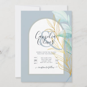 Invitation Elégant Dusty Blue SeaVerre Gold Leaf Arch Mariage