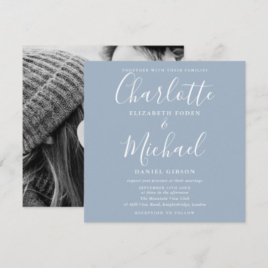 Invitation Elégant Dusty Blue Signature Mariage Photo (Devant / Derrière)