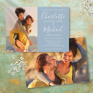Invitation Élégant Dusty Blue Signature Script Photos Mariage