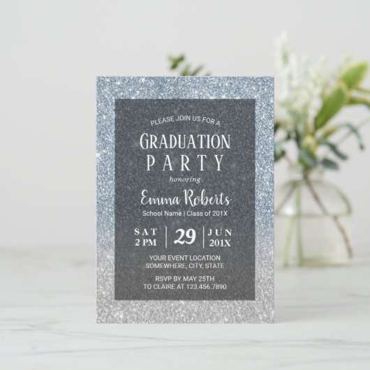 Invitation Elégant Dusty Blue & Silver Parties scintillant Gr (Debout devant)
