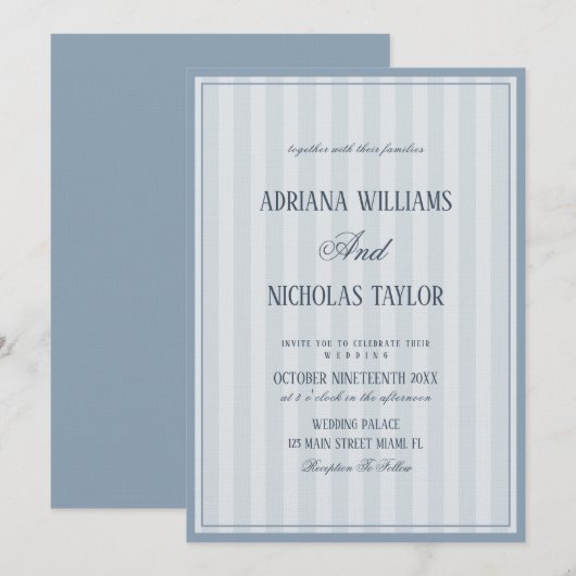 Invitation Elegant Dusty Blue Striped Wedding (Devant / Derrière)