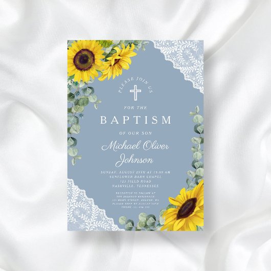 Invitation Élégant Dusty Blue Sunflowers Croix Baptême