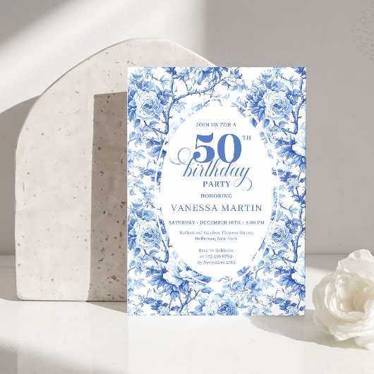 Invitation Elegant Dusty Blue Toile de Jouy 50th Birthday 