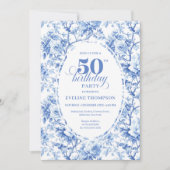 Invitation Elegant Dusty Blue Toile de Jouy 50th Birthday  (Devant)