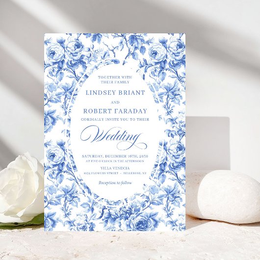 Invitation Elegant Dusty Blue Toile de Jouy Floral Wedding
